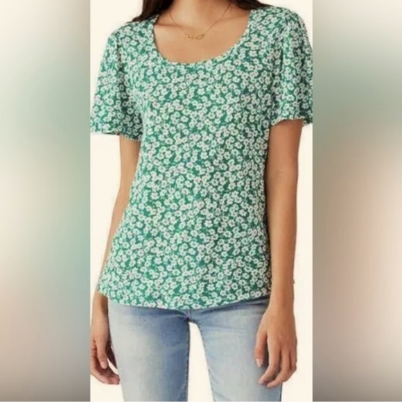 Lucky Brand Blue/Green T-Shirt with White Flowers Scoop Neck Size M - Picture 4 of 5